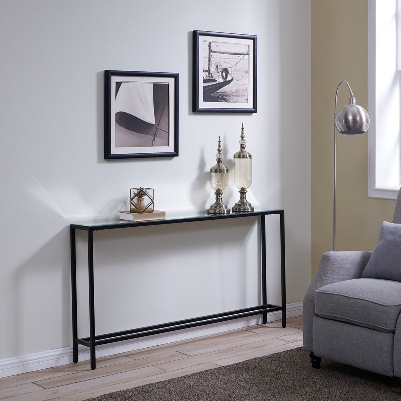 Console étroite Darrin avec plateau en miroir, Gris, H 30 po x l 56 po x P 8 po