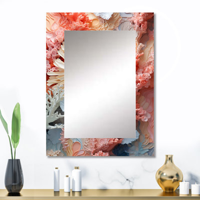«Pink and White Coastal Coral Collage IV», miroir mural décoratif, grand miroir crème, impression sur métal