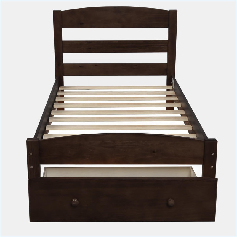 Lit plateforme simple en bois massif de style classique avec rangement intégré sous le lit, brun riche, aucun sommier tapissier requis