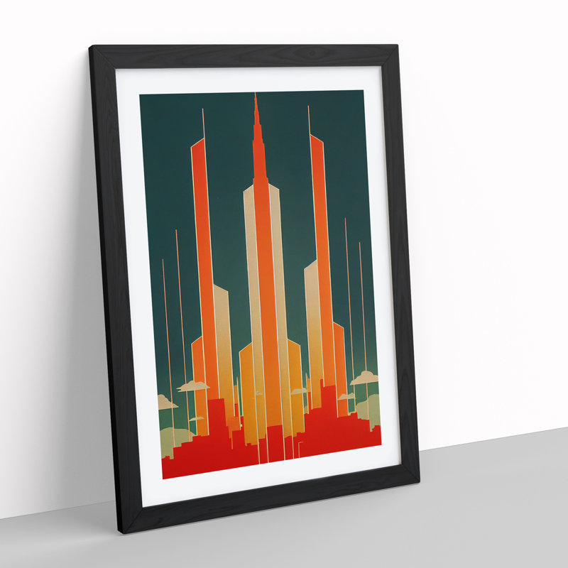 City Skyline In Deco No.5 - Single Picture Frame Print, 64cm H x 46cm W x 2cm D, Black