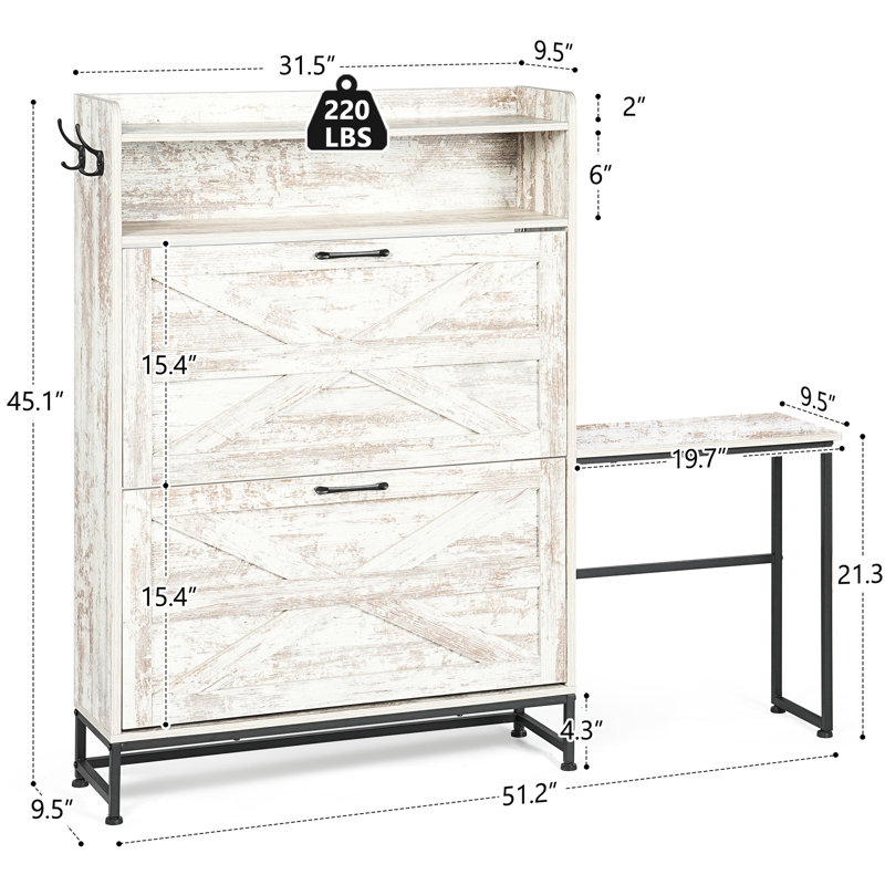 Commode à chaussures d'entrée au fini blanc, 2 tiroirs rabattables avec fentes réglables, rétro rustique, basculant, armoire de construction: blanc, tiroir amovible charmant et fonctionnalité