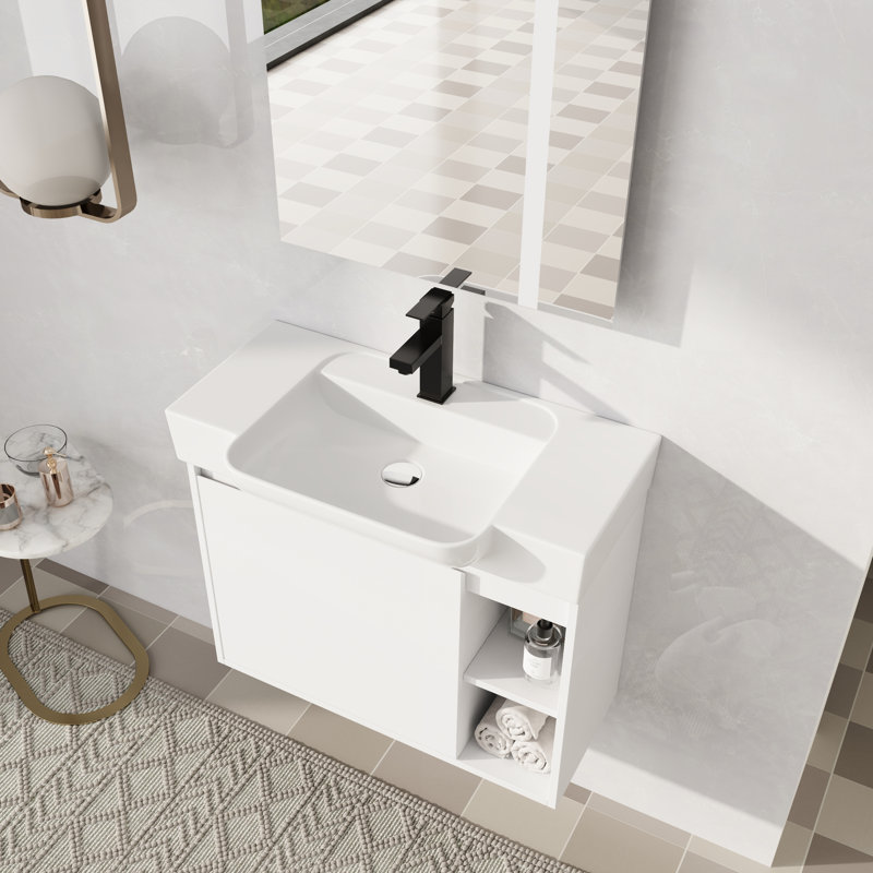 Oakshade 28'' Wall Mounted Single Bathroom Vanity Set with Ceramic Vanity Top, White, 28"