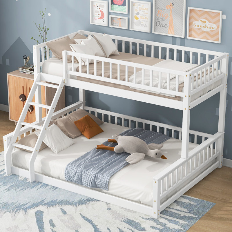 Space-Saving Twin XL over Queen Bunk Bed with Ladder & Guardrails, Detachable Design, Sturdy Pine Wood Frame, White