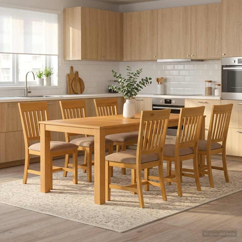 Solid Oak Dining Set, 75cm H x 200cm W x 100cm D, Grey, 7