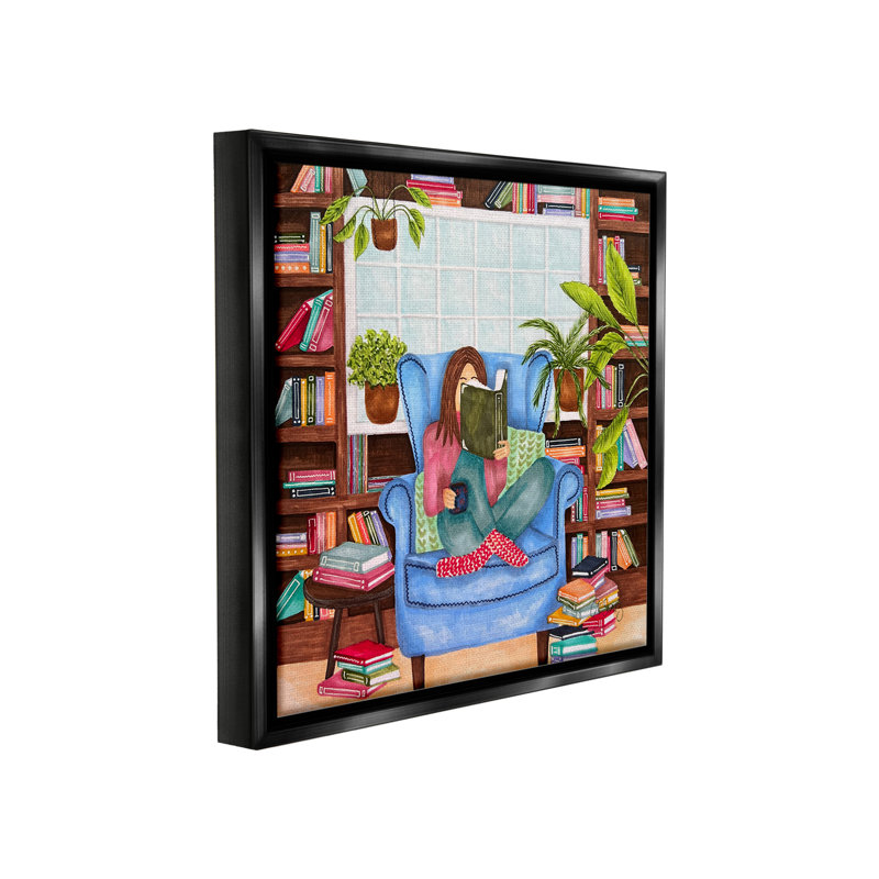 "Coin de lecture confortable" sur toile, Cadre flottant noir de jais, H 18 po x l 18 po
