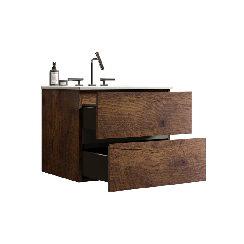 Modern Bathroom Vanity 24" - Walnut, Ceramic Sink, Silent & Elegant Vanity: Walnut With Functionality