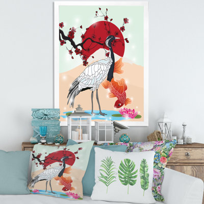«Crane Bird and Koi Fish», impression sur toile encadrée