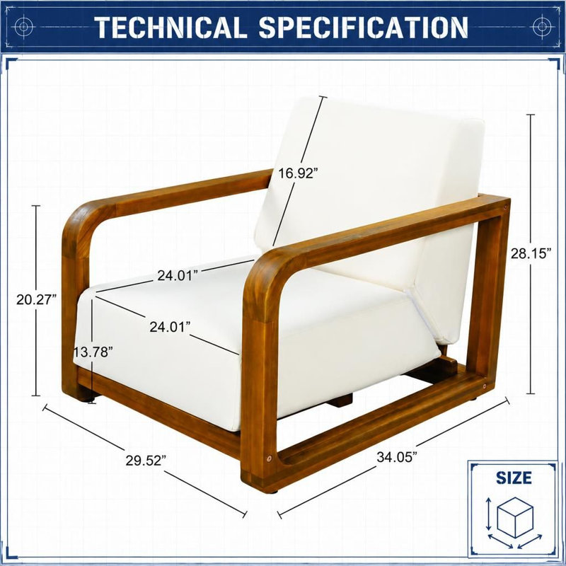 Chaise longue d'extérieur surdimensionnée avec coussin épais toutes saisons, structure en bois massif durable, fauteuil à assise profonde