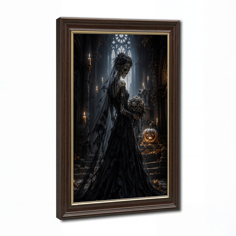 Art mural sur toile, dentelle noire, mariée squelette dans la cathédrale gothique, H 24 po x l 16 po