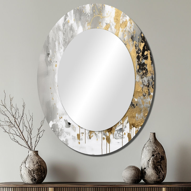 White and Gold Modern Abstract - White Modern Oval Wall Mirror, 40" x 30"