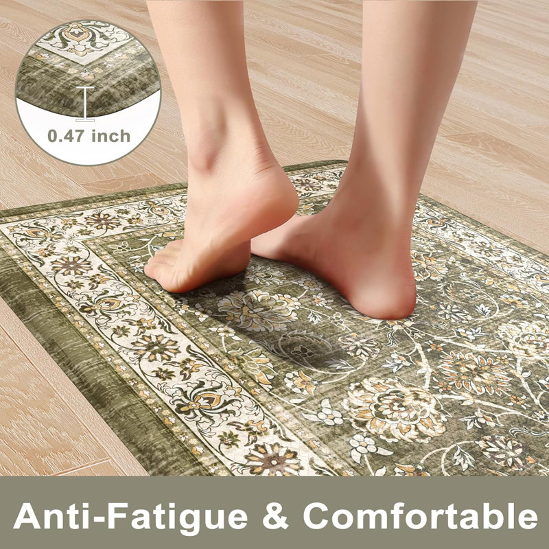 Boho Vintage Kitchen Rugs Sets of 2 Comfort Standing Mat, Green, 119cm L x 44cm W