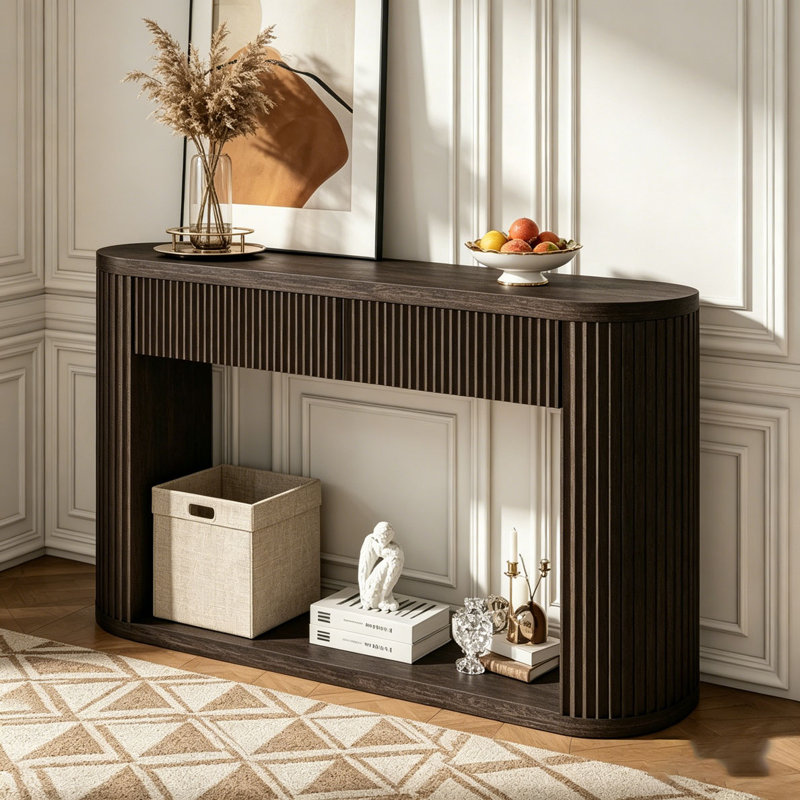 Console ovale cannelée avec 2 tiroirs et tablette inférieure, Espresso