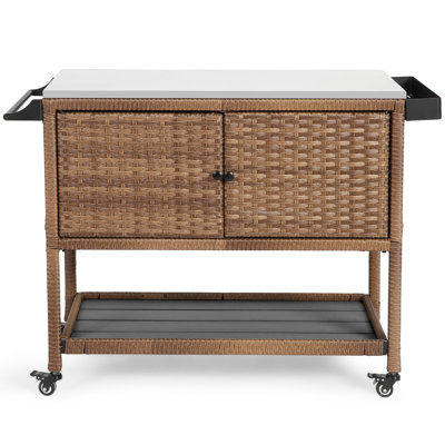 Outdoor Wicker Waterproof Stainless Steel Top BBQ Prep Station Serving Bar Cart with Storage Cabinet and Wheels
