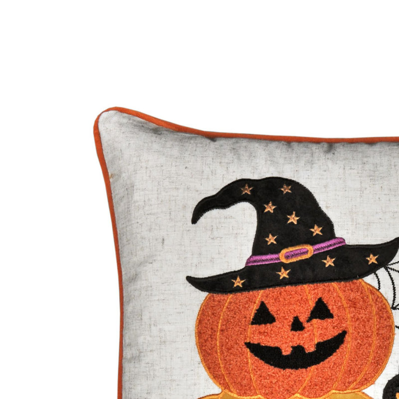 Coussin décoratif carré, pile de chat et de citrouille, tissu d'aspect lin ivoire 20 po