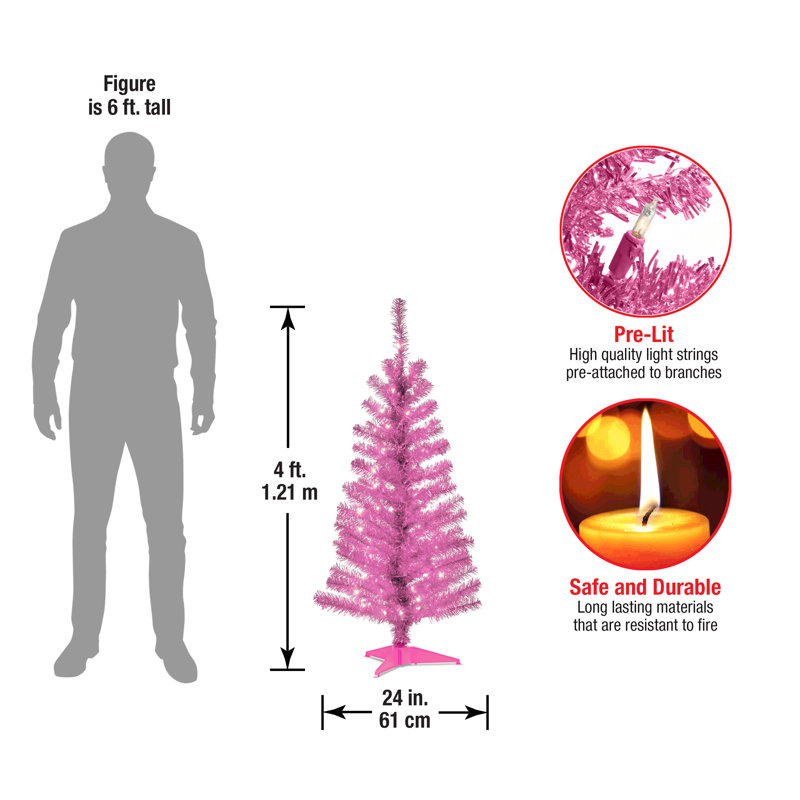 4ft. Pink Tinsel Tree with Clear Lights