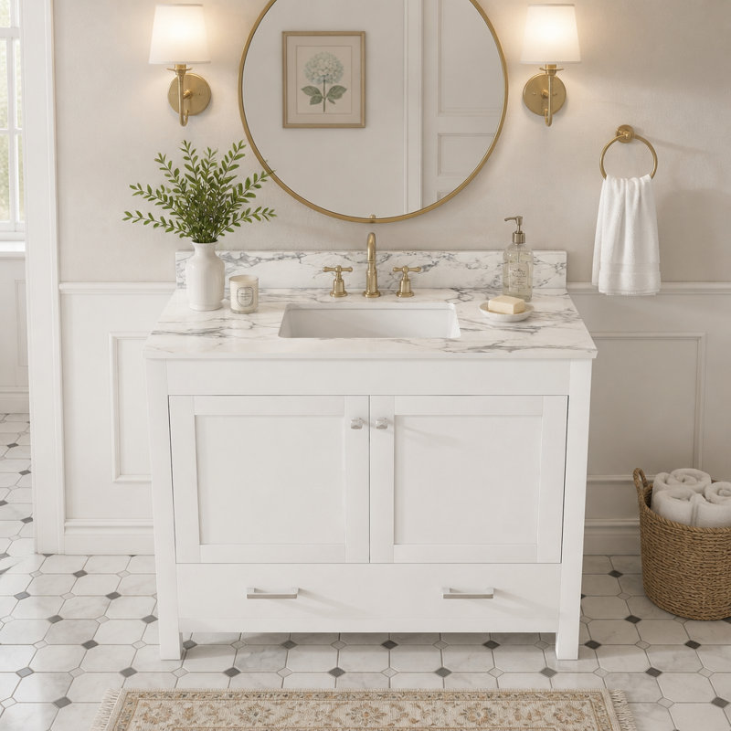 Freestanding Standard Single Vanity Bathroom Vanity With Stone Top