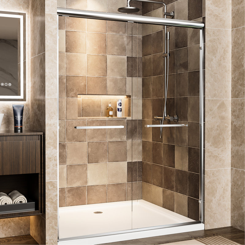 Aluminum Frame 54" W X 72" H Double Sliding Shower Door With 1/4" Clear Tempered Glass, - Proof Film, Reversible Installation, Corrosion Handles, Waterproof For Bathroom High Wide Shatter Dual