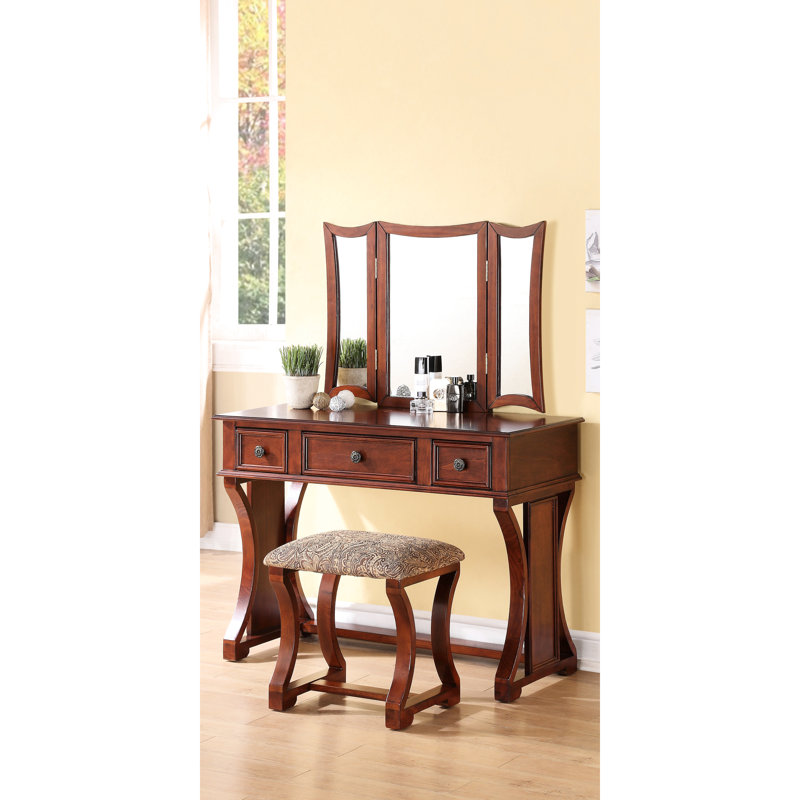 Bedroom Furniture Vanity, Apple , 3 Mirror, Stool, Veneer, Rustic Vanity For Bedroom, Stool Included, , Pine Wood, Cherry