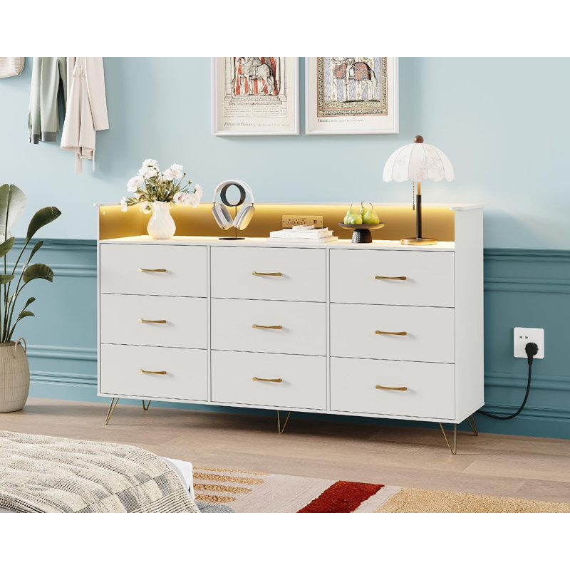 62.8" Modern 9-Drawer Tall Dresser with APP-Controlled RGB Lights & Charging Station (3 Outlets/2 USB), Large Storage Cabinet for Bedroom, Living Room
