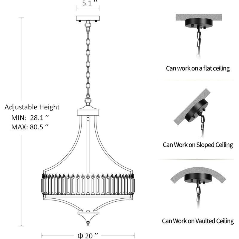 Lustre en cristal de style campagne moderne, luminaire suspendu noir à 5 lumières avec hauteur réglable et fonction à intensité variable pour la salle à manger, le salon, l'îlot de cuisine