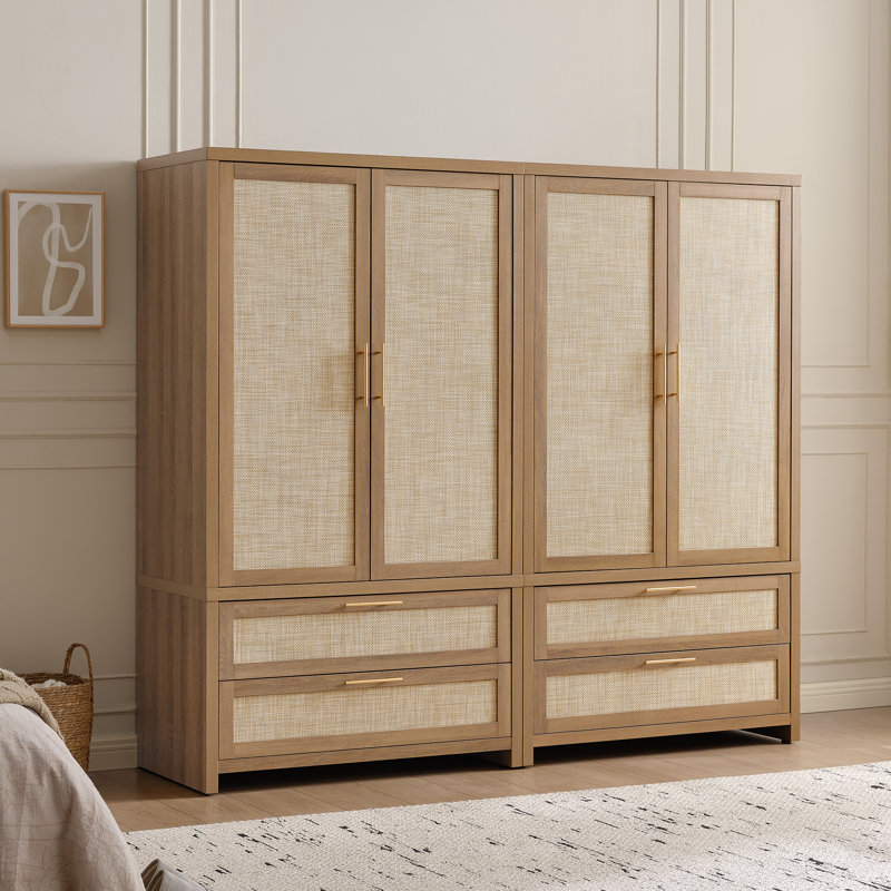 Armoire 70 po H 70,86 po en rotin d'inspiration bohémienne, Chêne caramel
