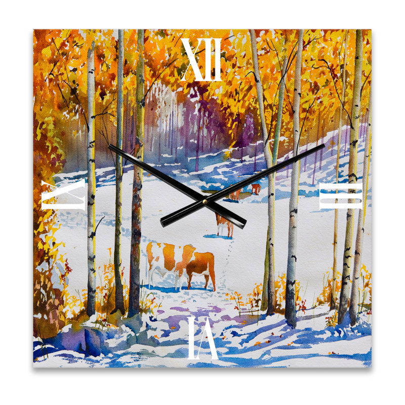 Bétail dans la neige au début de la forêt - Horloge murale, Très grand