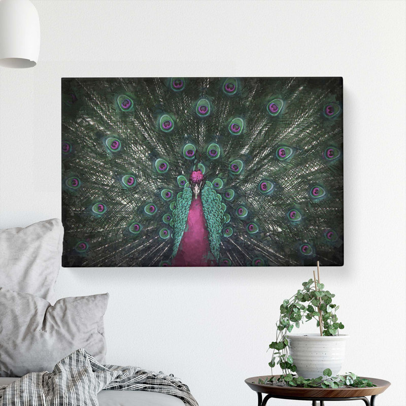 Mesmerising Pink and Green Peacock - Wrapped Canvas Graphic Art Print, 40cm H x 60cm W x 3cm D
