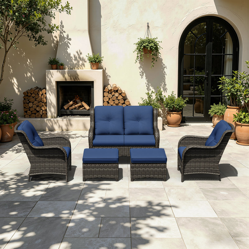5-Piece All-Weather Wicker Patio Conversation Set With Loveseat, Arm Chairs & Ottomans, Outdoor PE Rattan Furniture With Cushions For Backyard, Porch & Deck