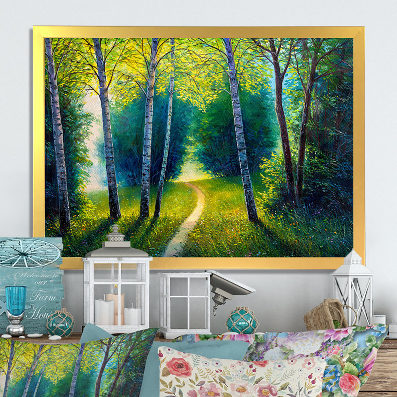 «Path To The Birch Tree Forest», reproduction sur toile flottante, Cadre doré, H 16 po x l 32 po x P 1 po