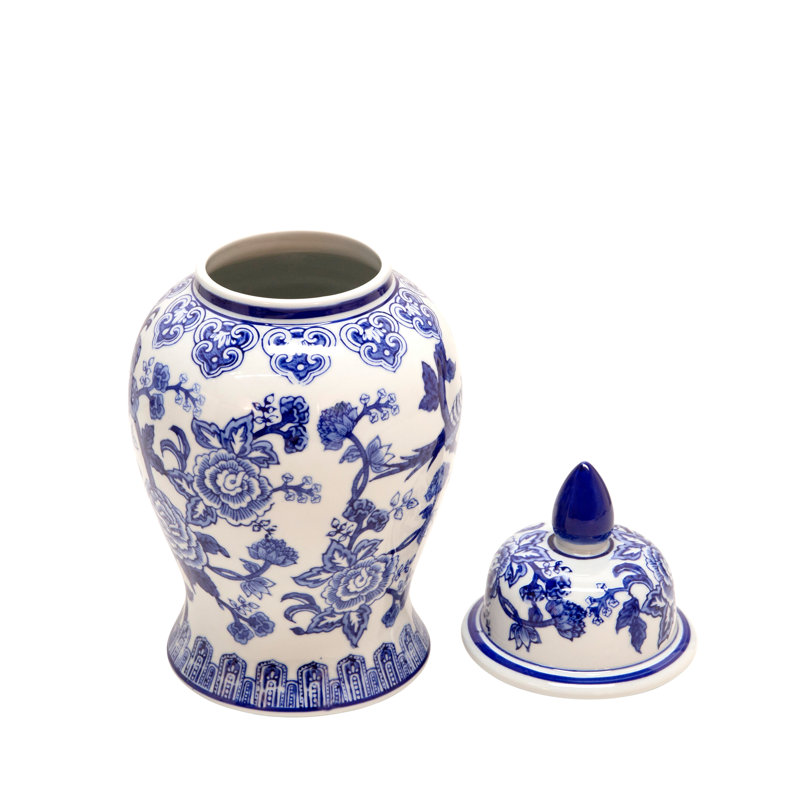Ceramic Chinoiserie Ginger Jar with Lid, 14" H x 7" W x 7" D