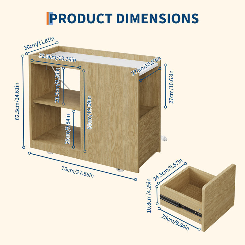 Table d'appoint 27 po avec rangement, table mobile multifonctionnelle pour la cuisine de bureau à domicile, Jaune