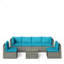 Ensemble de patio 7 pièces en osier gris avec coussins amovibles bleu clair et table basse en verre pour l'extérieur, la piscine et la cour