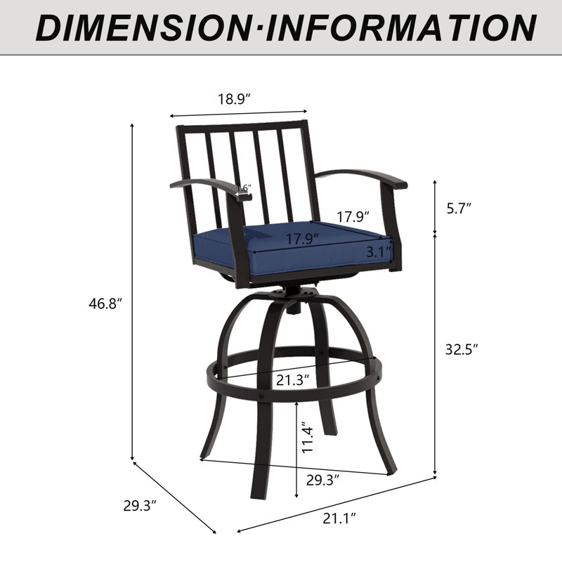 4 tabourets de bar pivotants en métal 4 pièces 29,4 po avec coussins, accoudoirs et dossier à lattes, Marine