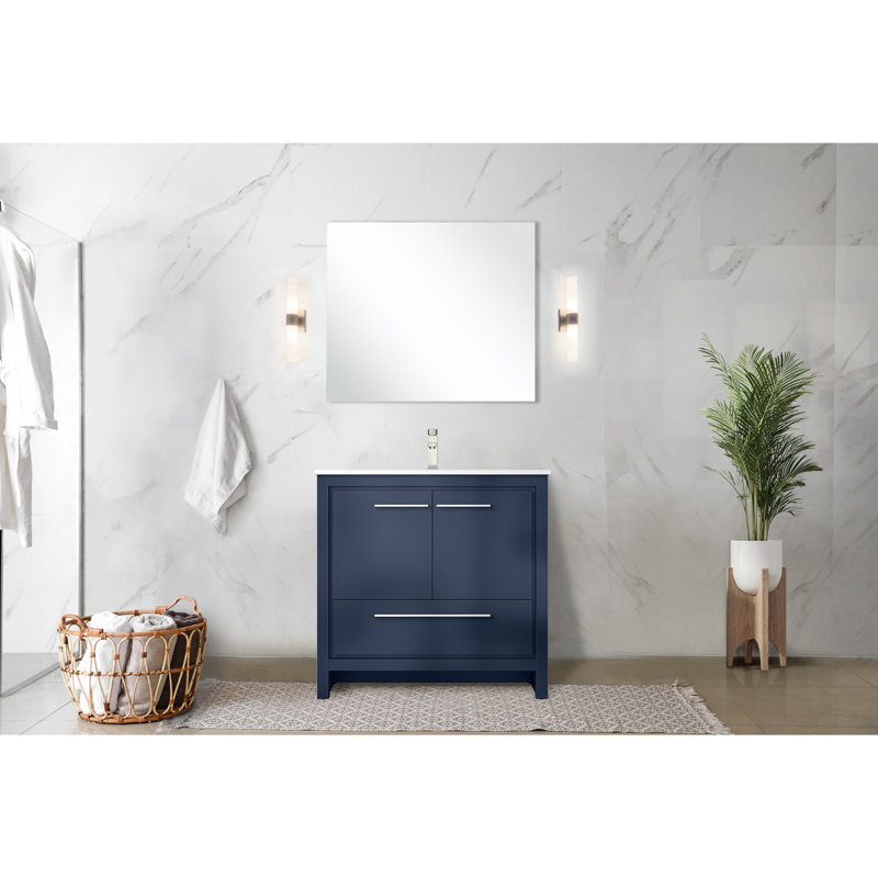 Bleu marine 36 po L 20 po x P 20 po - comptoir en quartz blanc, structure en bois massif, fermeture en douceur, égratignure et teinture, armoire intérieure, tablette ouverte avec tiroirs pour l'espace de rangement, robinet pré-percé de 36 po x 20 po