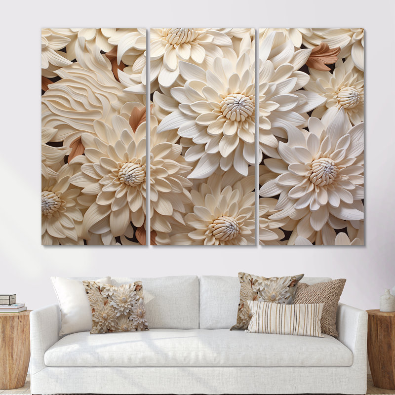 Minimalisme Chrysanthemums - Collage floral blanc I - ensemble de décorations murales, H 28 po x l 36 po x P 1 po