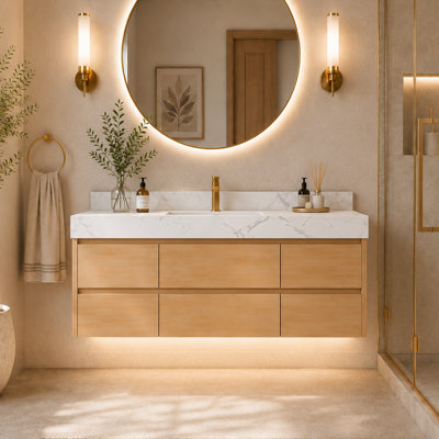 48" Modern Floating Bathroom Vanity with Engineered Marble Top, Ceramic Undermount Sink, 6 Soft Close Drawers, LED Base Lighting and Maple Wood Cabinet in Natural Maple Finish