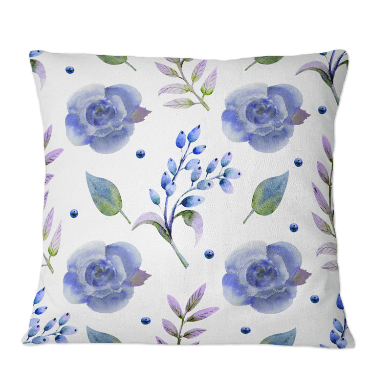 Coussin décoratif imprimé de roses bleues et de feuilles rétro, 16 po x 16 po