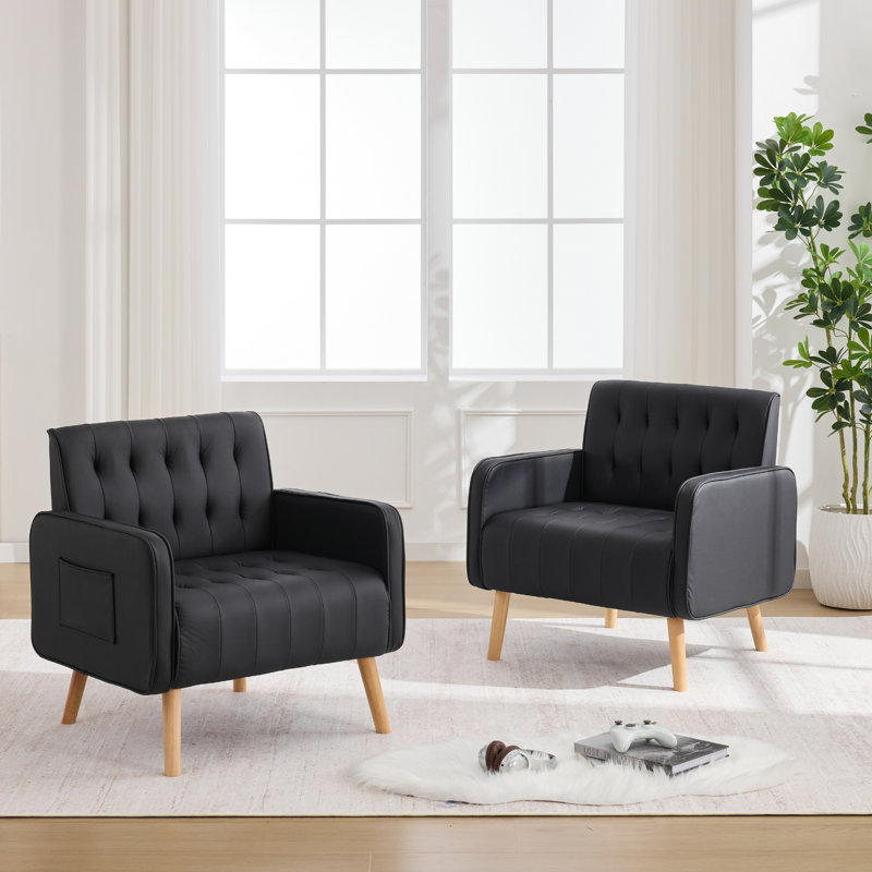 Chaise d'appoint capitonnée en similicuir avec pieds et poches en bois (ensemble de 2), Black