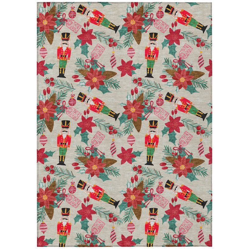 Machine Washable Indoor/Outdoor Christmas Nutcracker Xhevrie Beige Rug, Rectangle 10' x 14'