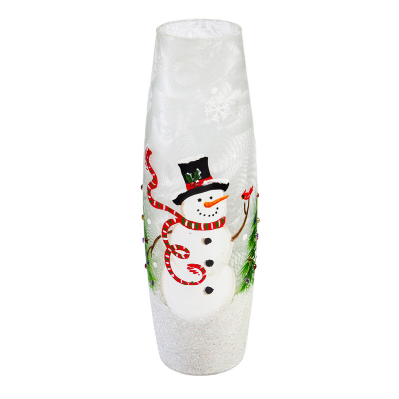 Cylindre peint à la main bonhomme de neige et cardinal en verre