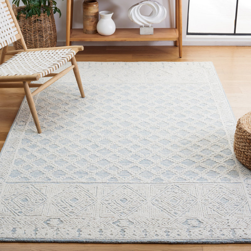 Ivory and Blue Hand-Tufted Wool Abstract Round Rug