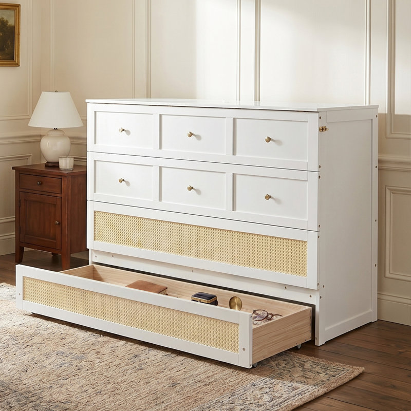 Grand lit escamotable avec grands tiroirs, blanc