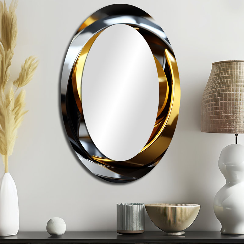 Miroir mural ovale circulaire circulaire futuriste or et argent, 36 po x 24 po