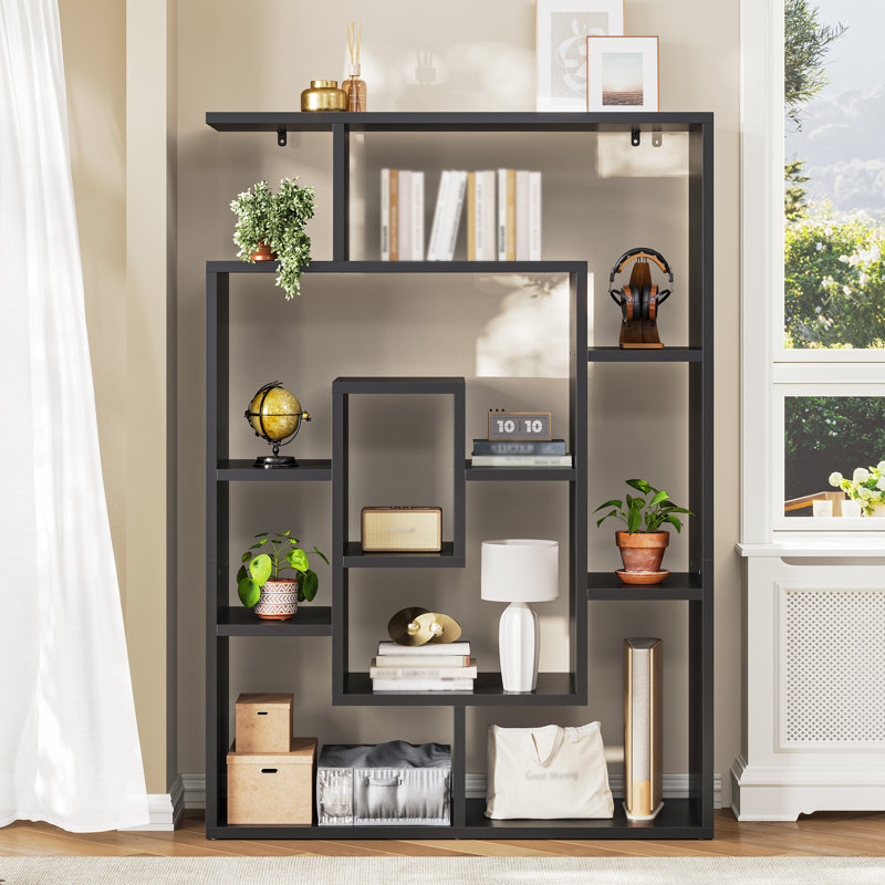 59" H Geometric Bookcase 4 Tier S-Shaped Room Divider Bookshelf, Black