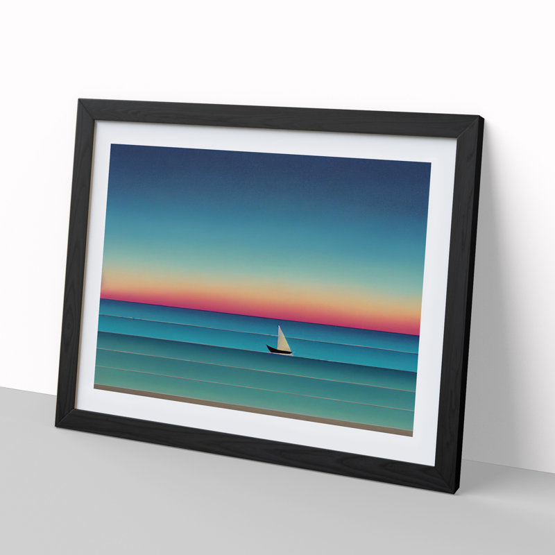Boat On A Striped Ocean - Single Picture Frame Print, 46cm H x 64cm W x 2cm D, Black Framed
