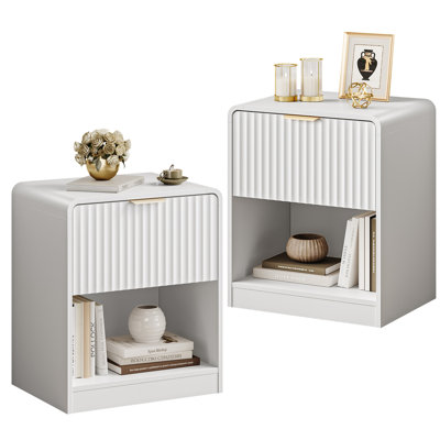 23.6” Tall Modern End Table With Large Drawer And Shelf, Nightstand Set With Gold Handle