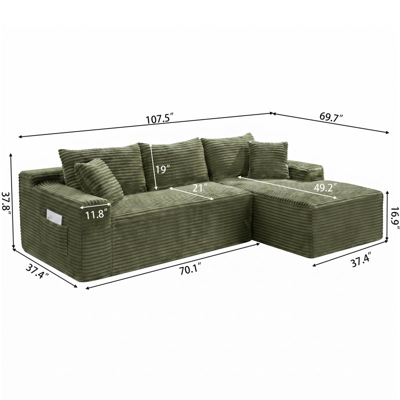 Canapé désossé à assise profonde avec méridienne, canapé rembourré de 107 po pour petit salon, Velours côtelé vert clair