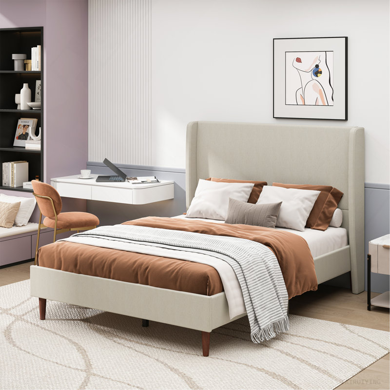 Lit tapissier pour tête de lit haute, base de lit grand, support à 12 lattes, facile à assembler, beige, toile de lin, aucun sommier requis