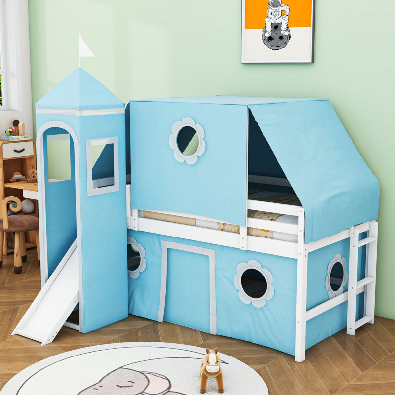Twin Castle Loft Bed With Playhouse Design And Slide, Blue