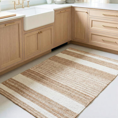 Tapis rayé en jute Reva blanc / brun style campagne pour le salon et la chambre à coucher